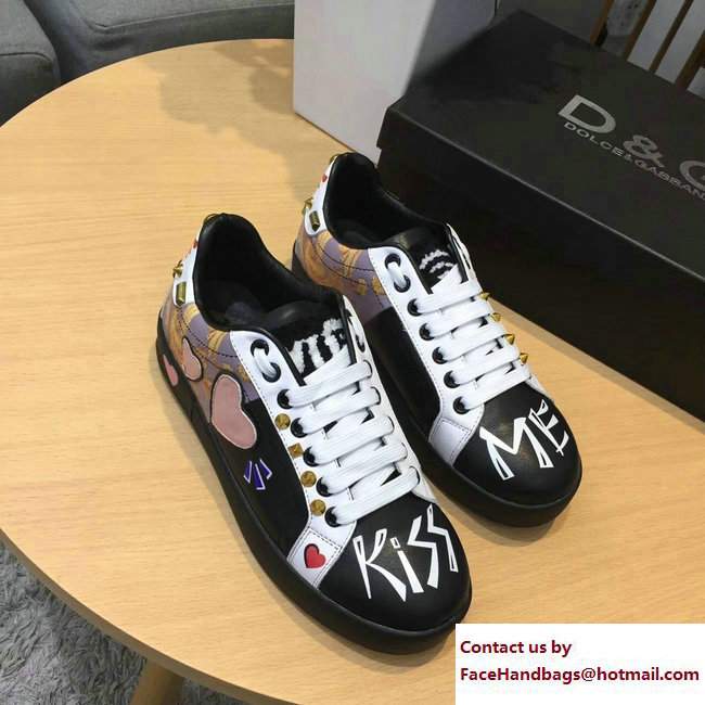 Dolce  &  Gabbana Leather Sneakers Patch Heart and Applique Black 2017